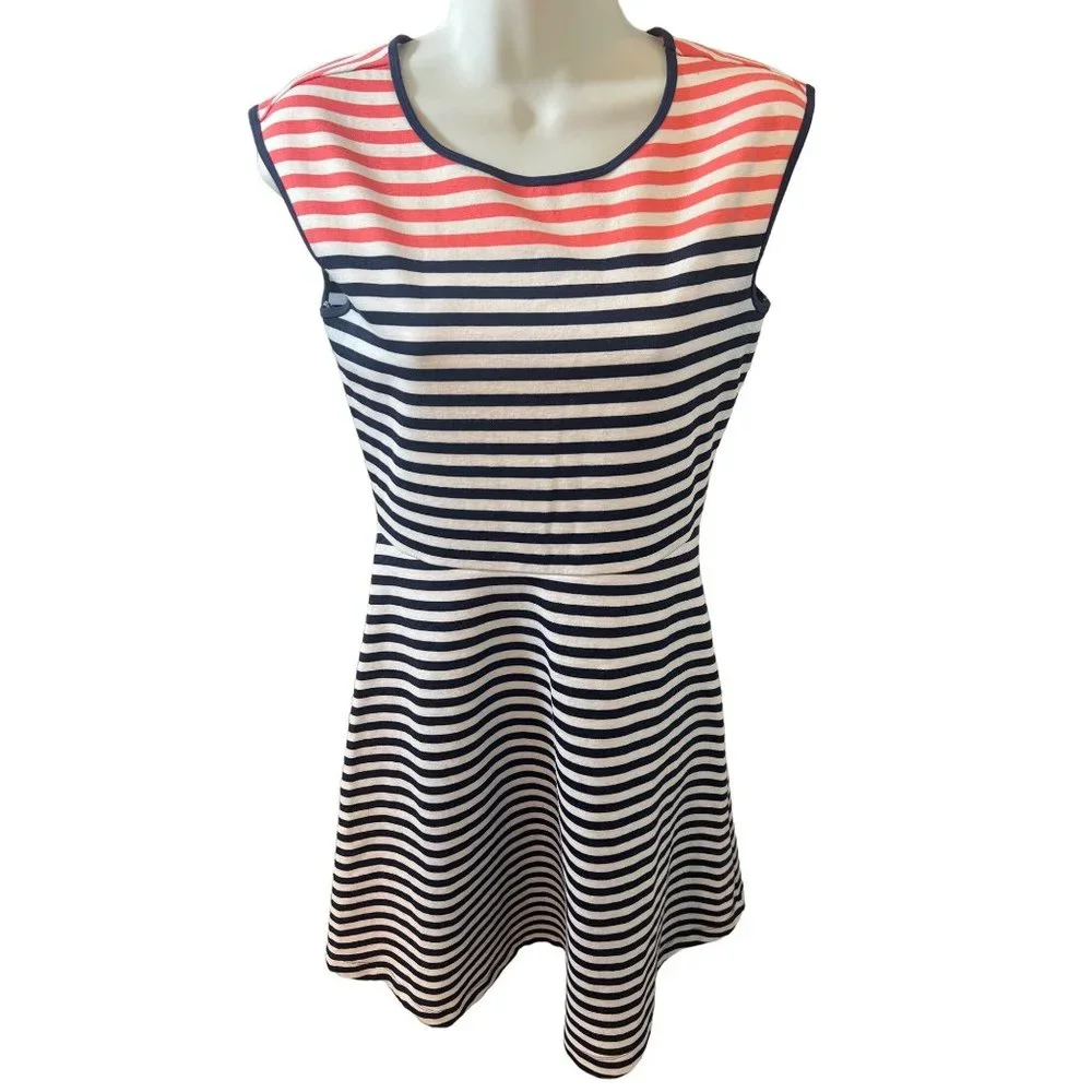 Draper James Striped Ponte Knit A Line Nassau Navy and Pink Mini Fit and Flare X - Picture 2 of 14